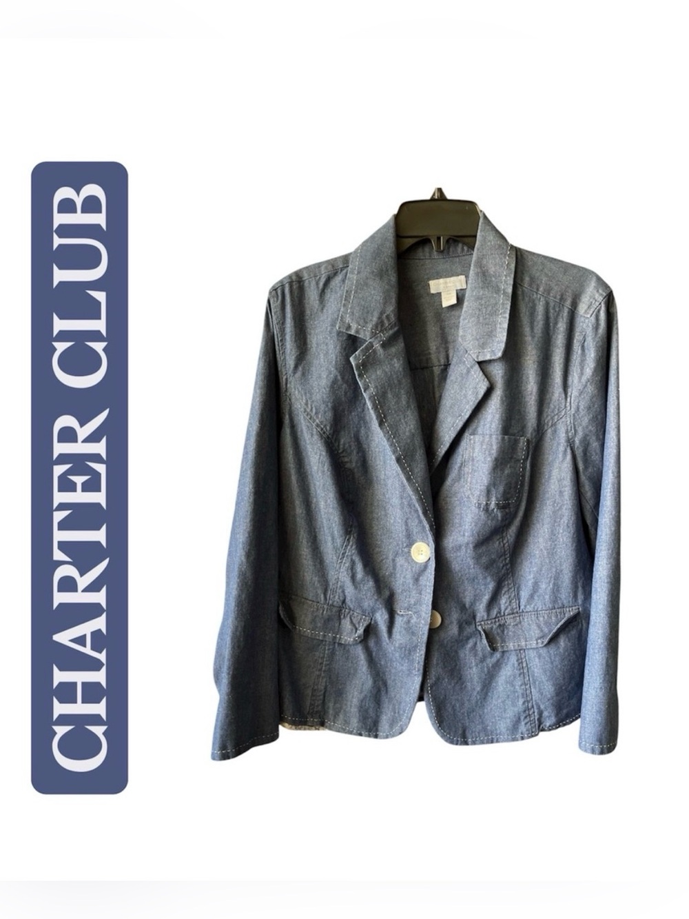 Charter Club Women's Light Blue Denim Blazer SZ 16W white stitching detail GUC